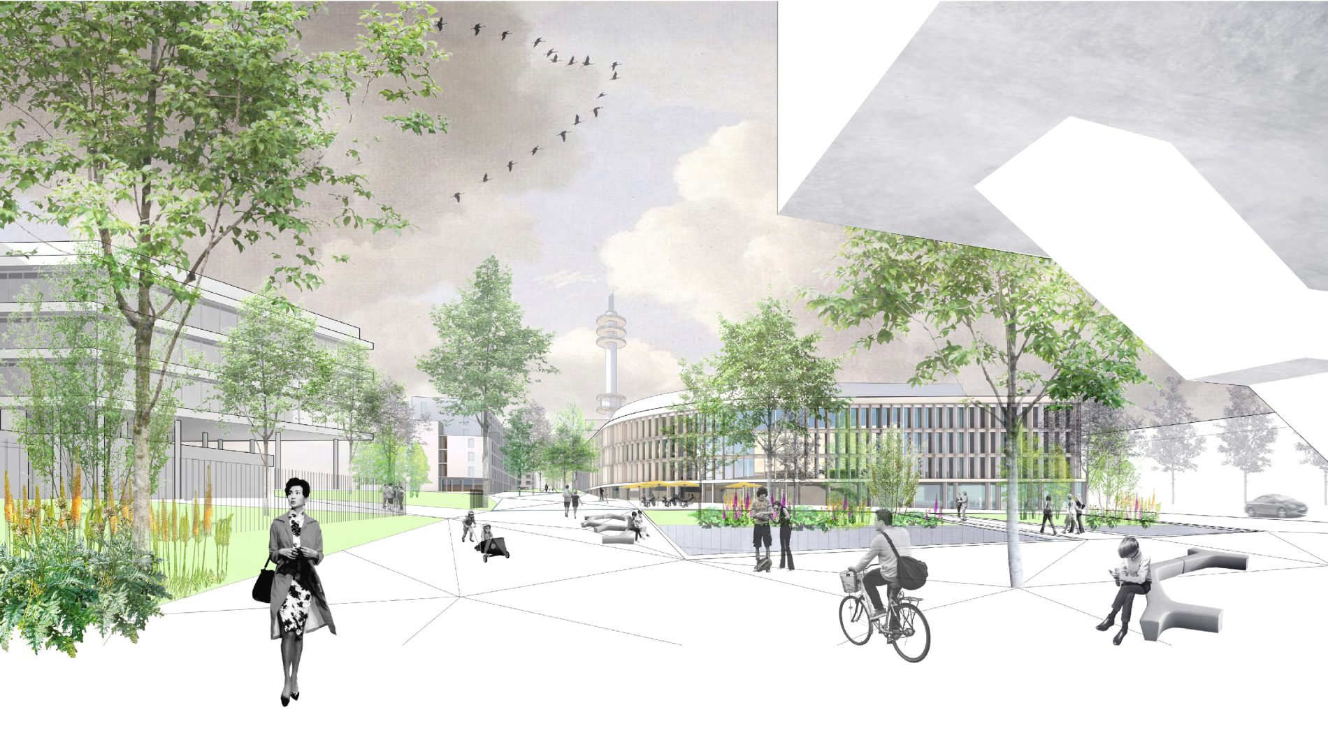 vue du haut du site - le parvis: les bureaux et la résidence services