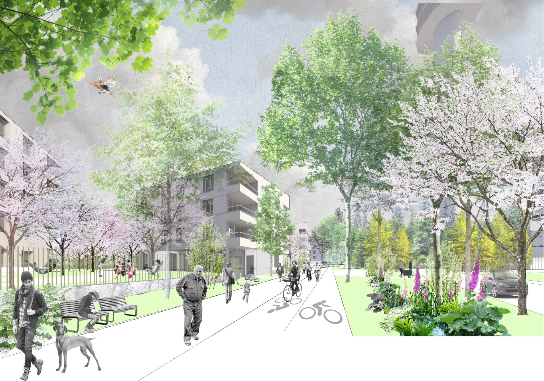 vue du haut du site - le parvis: les logements collectifs