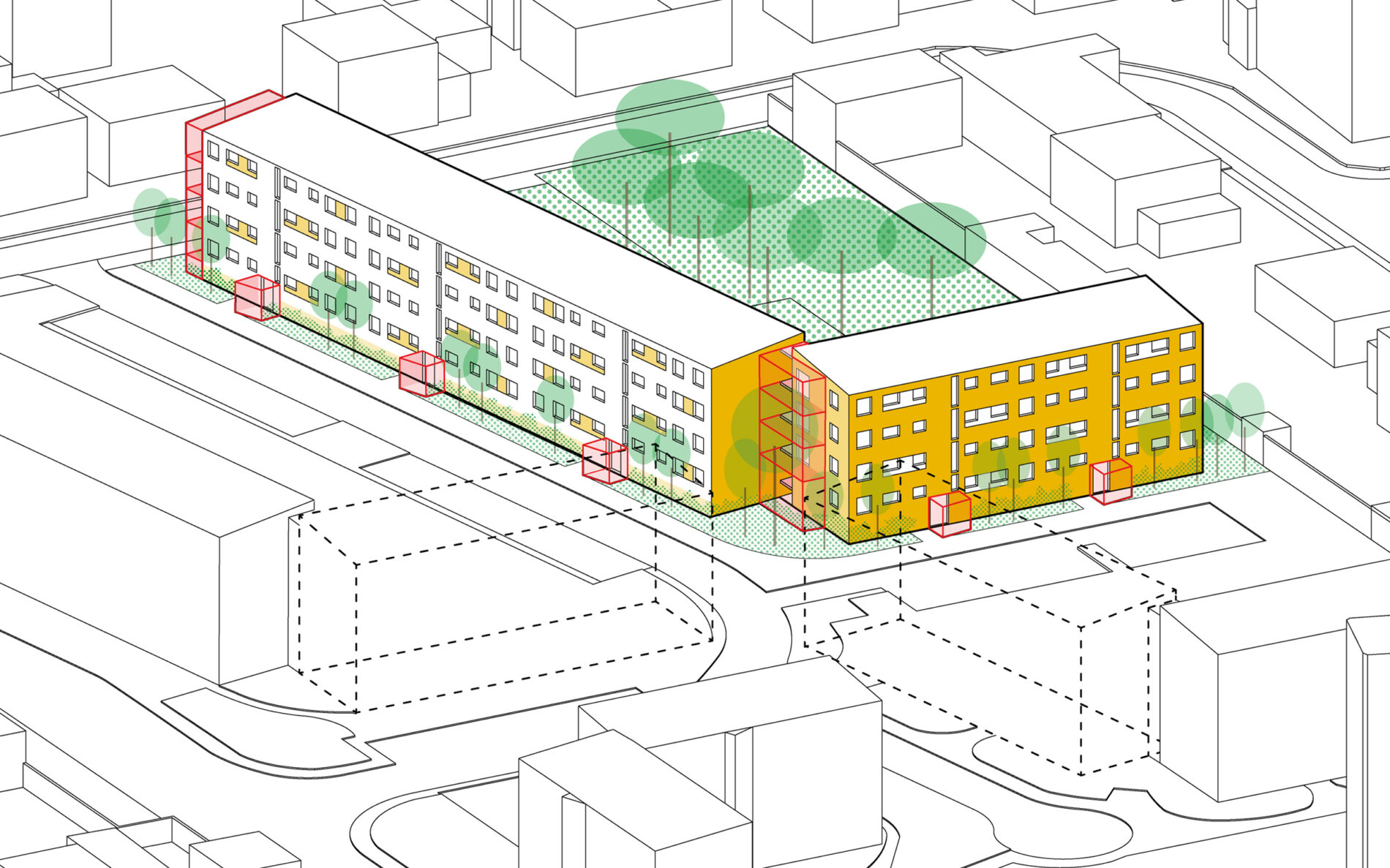 Coté rue - Le projet- sur rue: volumes de halles et lisières plantées- pignons: ouvrir et installer des balcons- élévations sur rue: recomposer par associations de baies- volumétries: distinguer par des bardages différenciés