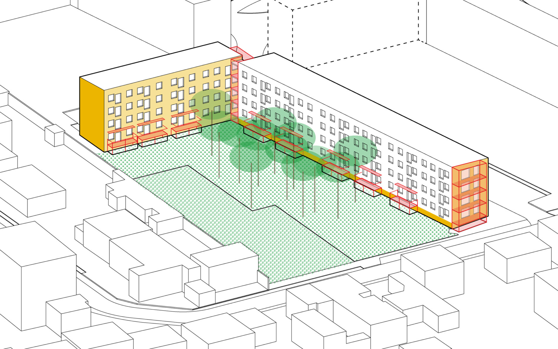 Coté jardin - Le projet- Sur les jardins: des terrasses et jardins privatifs pour logements à RDC- Sur les jardins: installer une trame forestière accueillant des clairières- Pignons: ouvrir et installer des balcons- volumétries: distinguer par des bardages différenciés